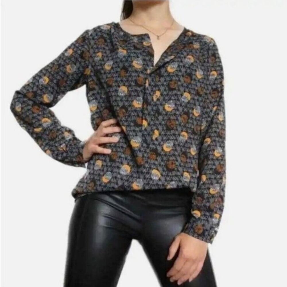 Cabi Long Sleeve Black Eclipse Moon Crescent Blouse Top Size XS